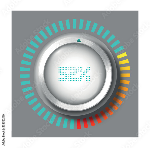 Adjustment round dial. Button labeled 52 percent, dashboard and scale. Graphic element for programs and apps. Interface for software in futuristic style. Realistic 3D modern vector illustration