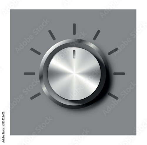 Adjustment round dial. Shiny gray button with dashes around. Interface for programs and apps, software for sound and music processing. Player, digital world. Realistic 3D modern vector illustration