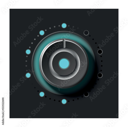 Adjustment round dial. Black button with blue neon illumination. Modern technologies and digital world. Interface for programs and apps. Futuristic design. Realistic 3D modern vector illustration