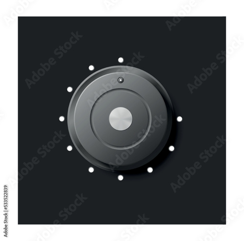Adjustment round dial. Black button with white dots. Sound regulation. Graphic element for settings menu in programs and apps. Futuristic style, innovation. Realistic 3D modern vector illustration