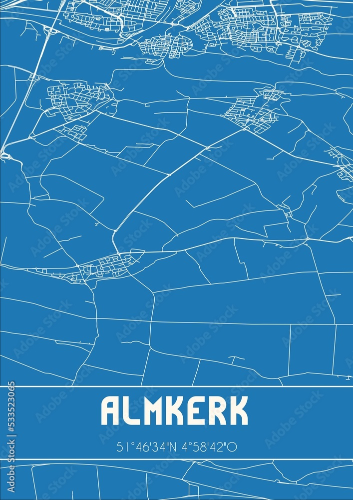 Blueprint of the map of Almkerk located in Noord-Brabant the Netherlands.