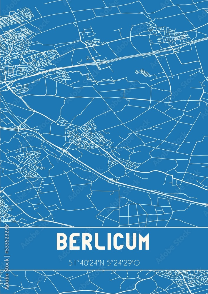 Blueprint of the map of Berlicum located in Noord-Brabant the Netherlands.
