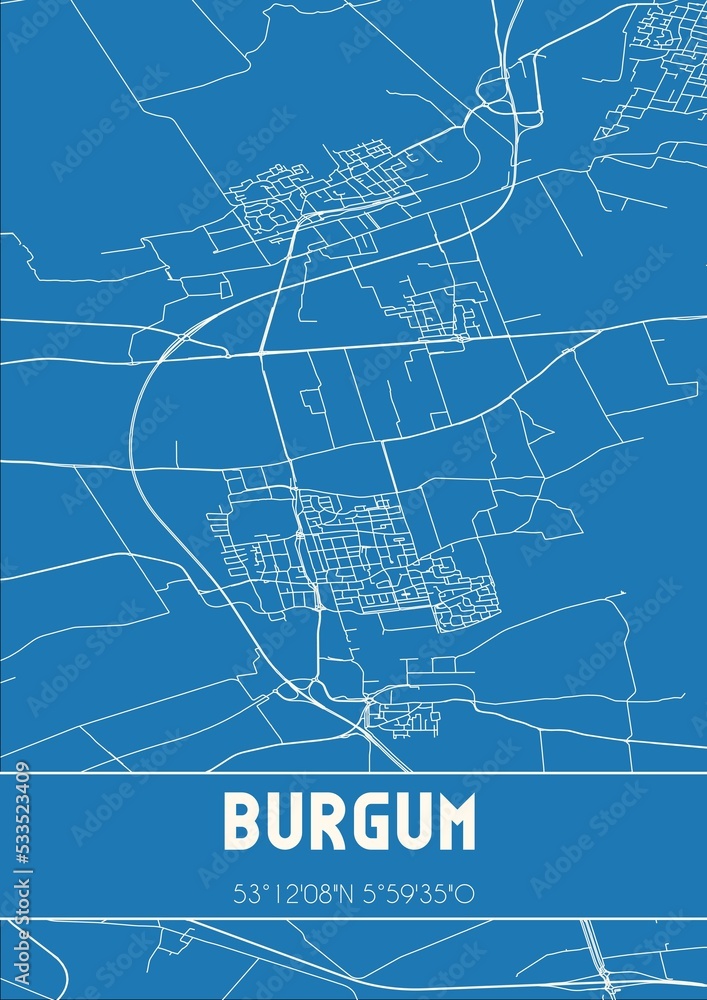 Naklejka premium Blueprint of the map of Burgum located in Fryslan the Netherlands.
