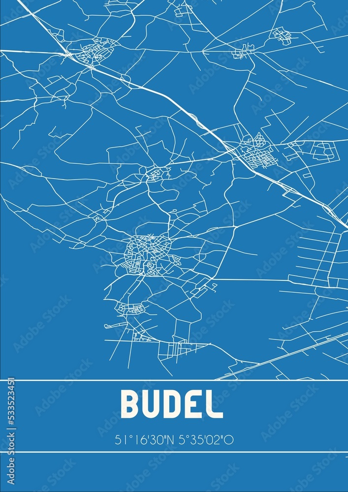 Blueprint of the map of Budel located in Noord-Brabant the Netherlands.