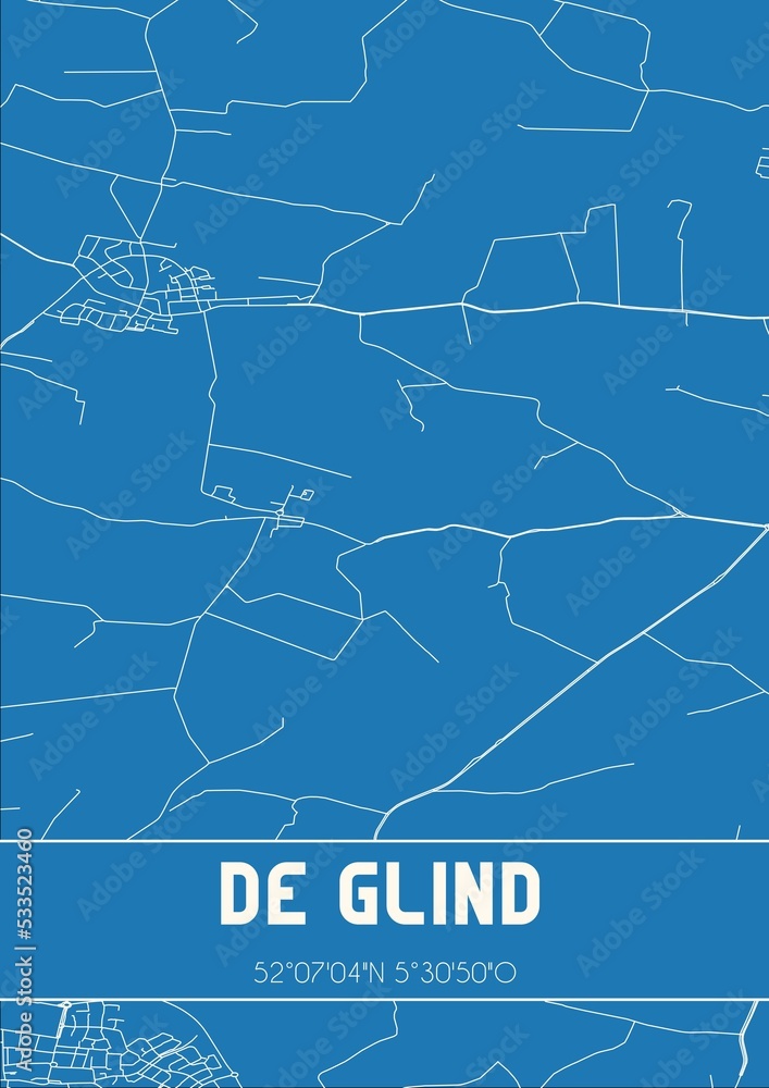 Blueprint of the map of De Glind located in Gelderland the Netherlands.