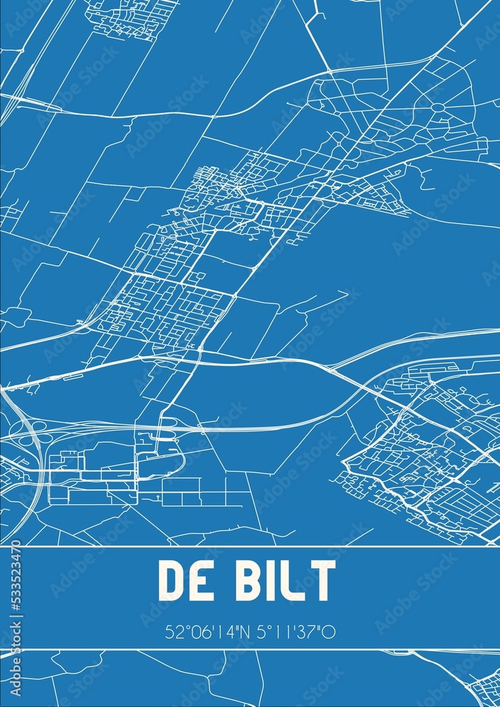 Blueprint of the map of De Bilt located in Utrecht the Netherlands.