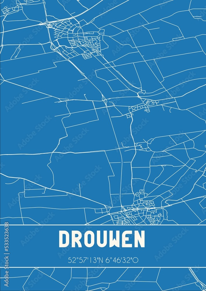 Blueprint of the map of Drouwen located in Drenthe the Netherlands.