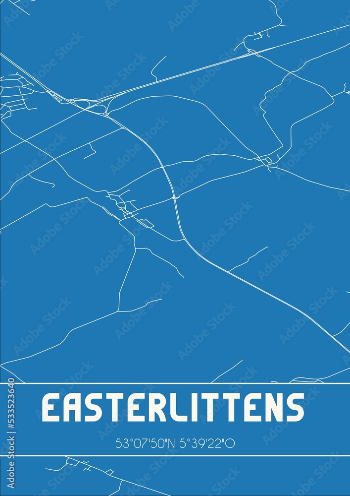Blueprint of the map of Easterlittens located in Fryslan the Netherlands.