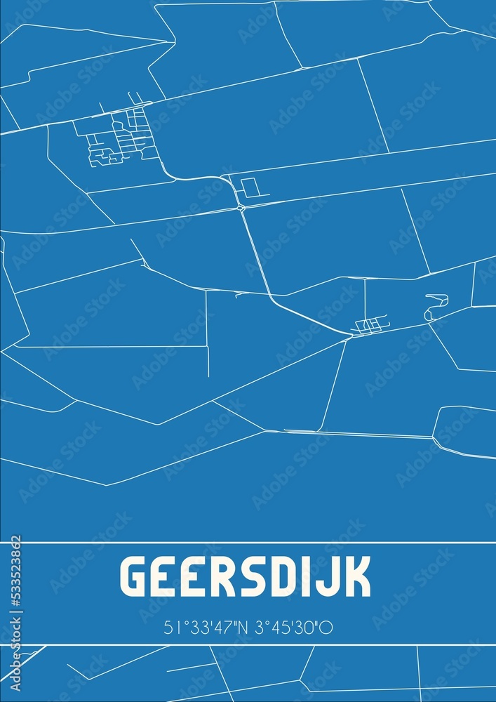 Blueprint of the map of Geersdijk located in Zeeland the Netherlands.