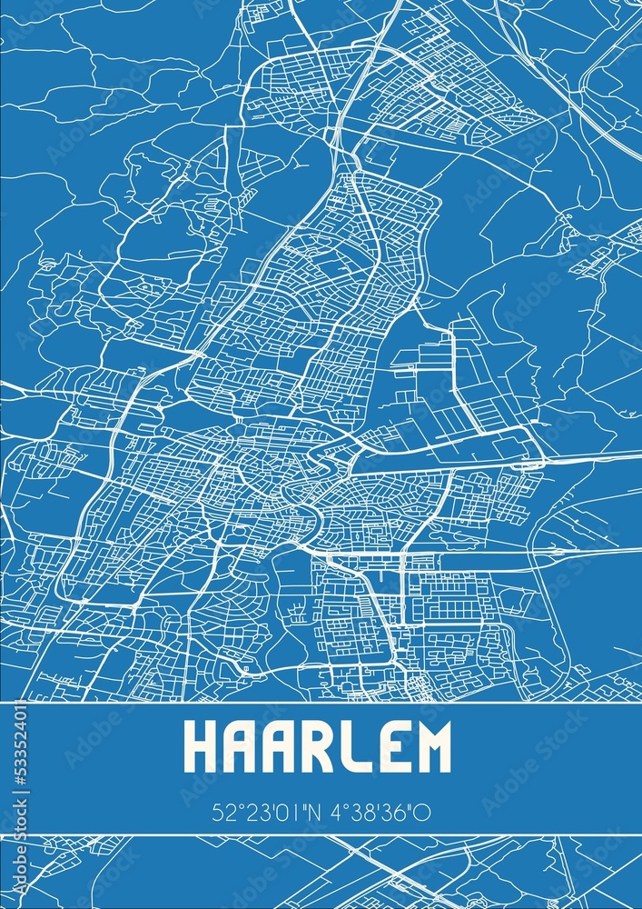 Blueprint of the map of Haarlem located in Noord-Holland the Netherlands.