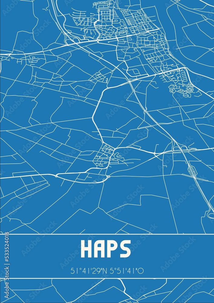 Blueprint of the map of Haps located in Noord-Brabant the Netherlands.