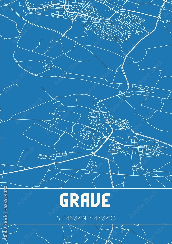 Blueprint of the map of Grave located in Noord-Brabant the Netherlands.