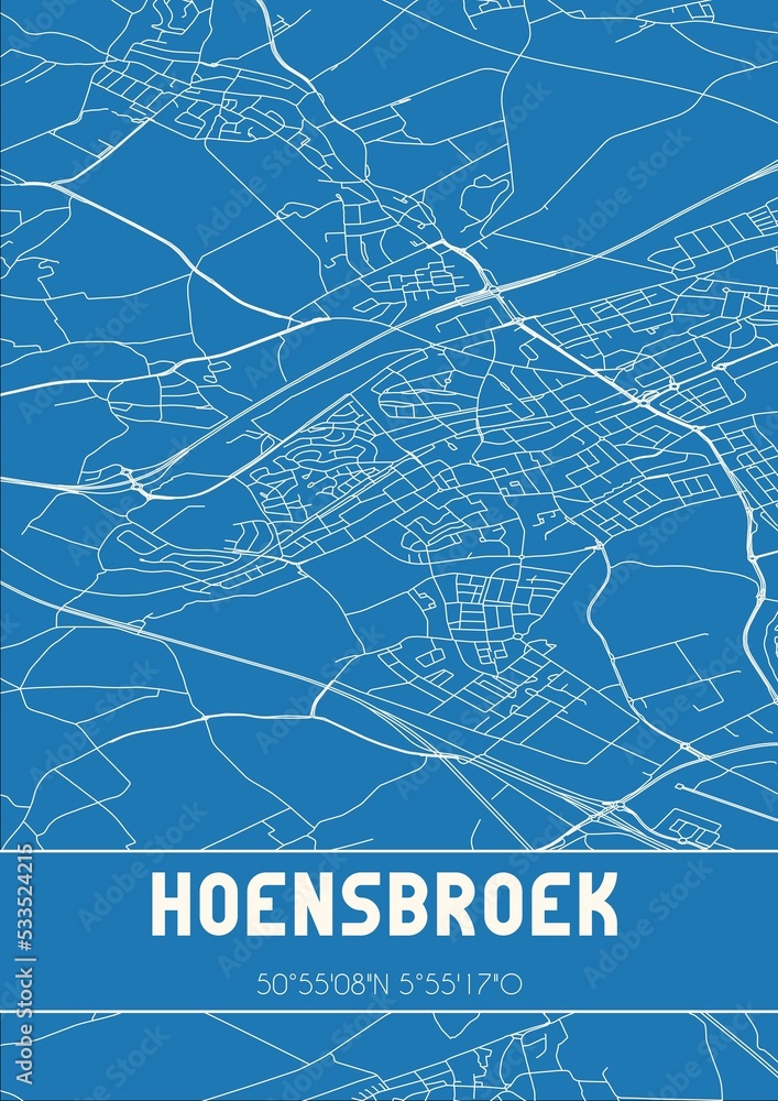 Blueprint of the map of Hoensbroek located in Limburg the Netherlands.