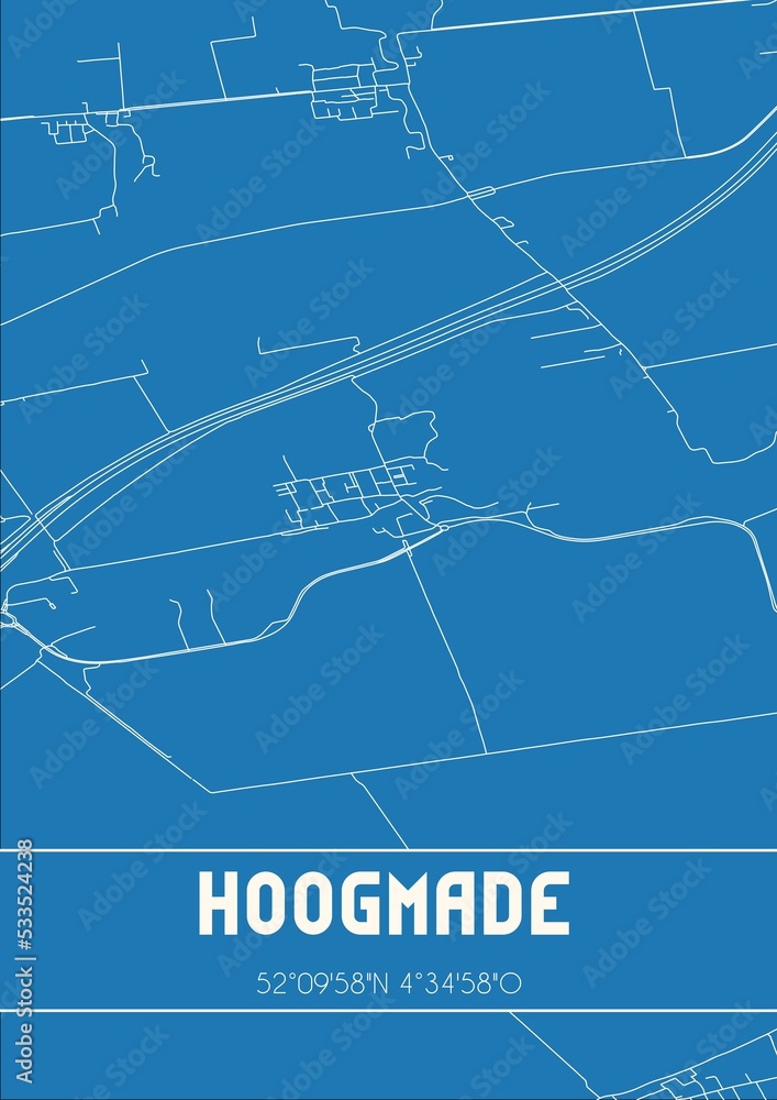 Blueprint of the map of Hoogmade located in Zuid-Holland the Netherlands.