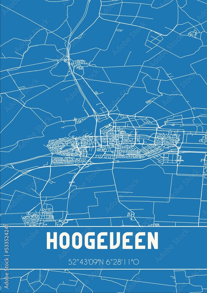 Blueprint of the map of Hoogeveen located in Drenthe the Netherlands.