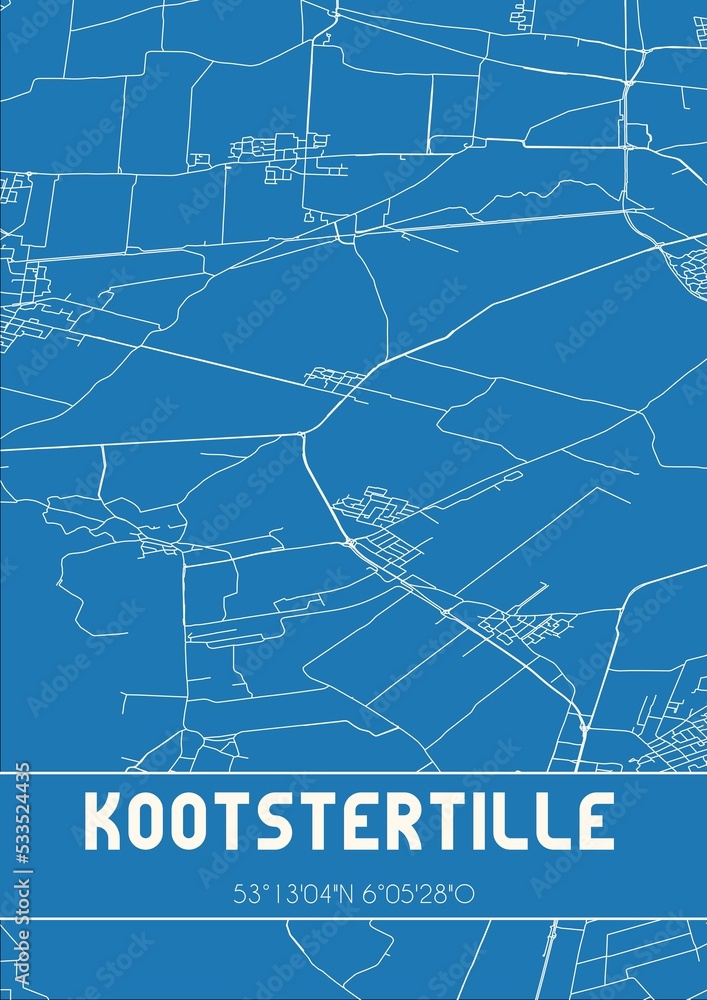 Blueprint of the map of Kootstertille located in Fryslan the Netherlands.