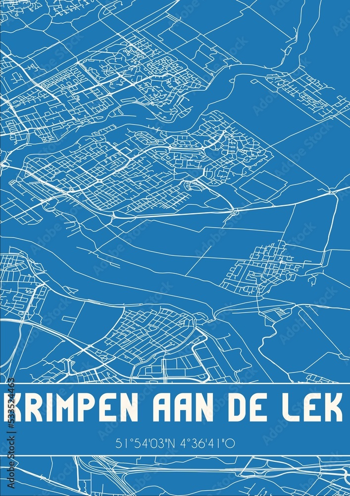 Blueprint of the map of Krimpen aan de Lek located in Zuid-Holland the Netherlands.