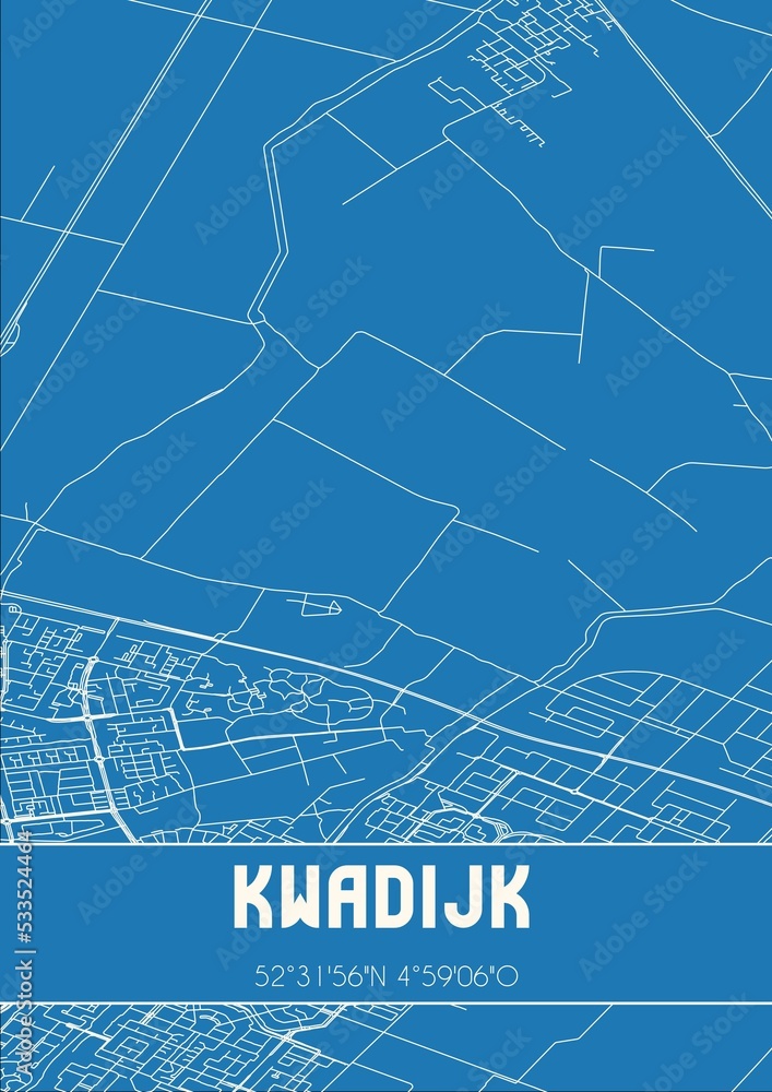 Blueprint of the map of Kwadijk located in Noord-Holland the Netherlands.