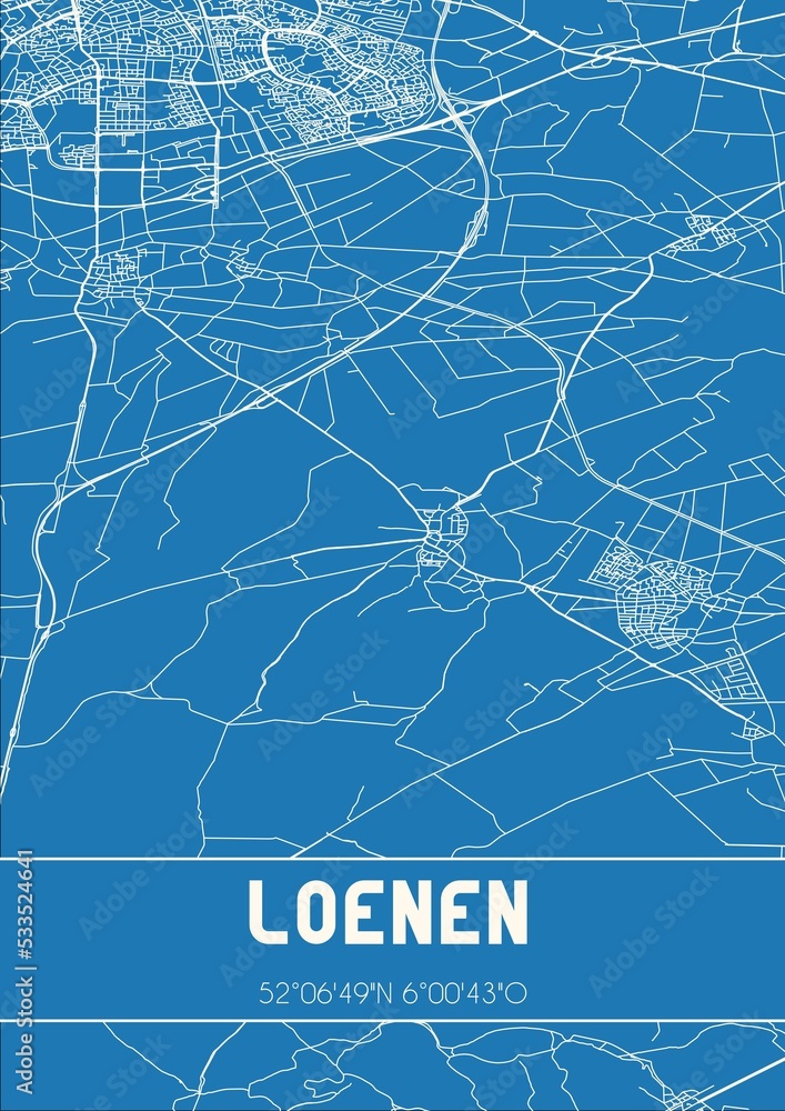 Blueprint of the map of Loenen located in Gelderland the Netherlands.