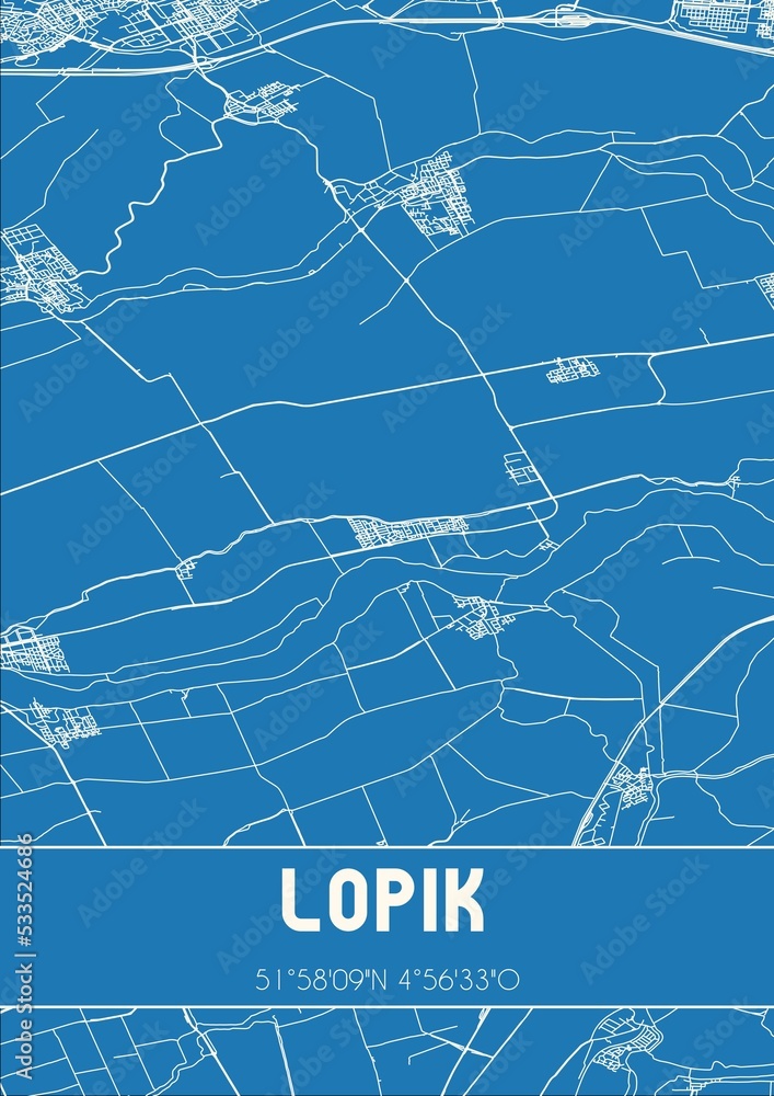 Blueprint of the map of Lopik located in Utrecht the Netherlands.