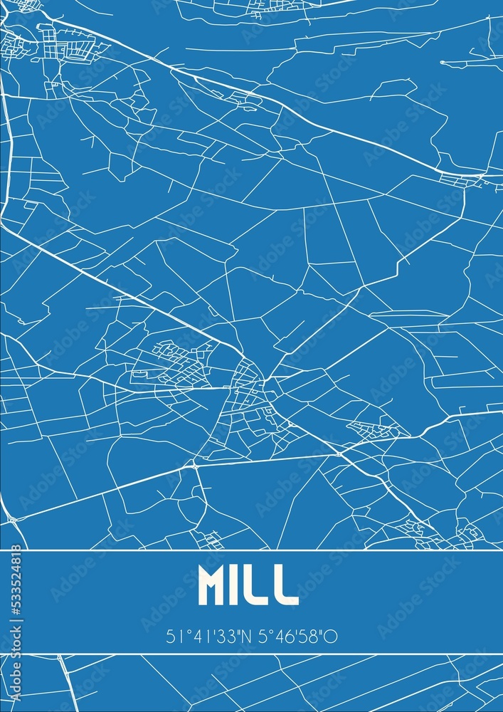 Blueprint of the map of Mill located in Noord-Brabant the Netherlands.