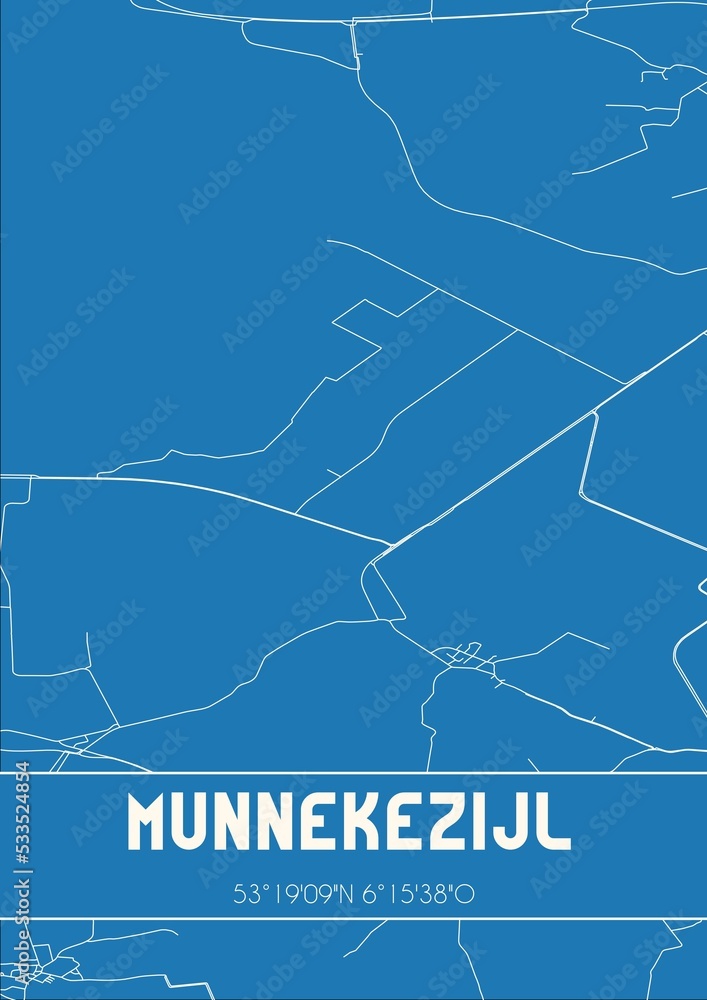 Blueprint of the map of Munnekezijl located in Fryslan the Netherlands.