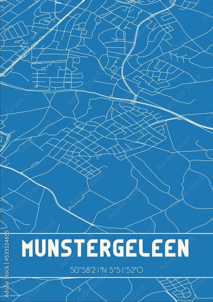 Blueprint of the map of Munstergeleen located in Limburg the Netherlands.