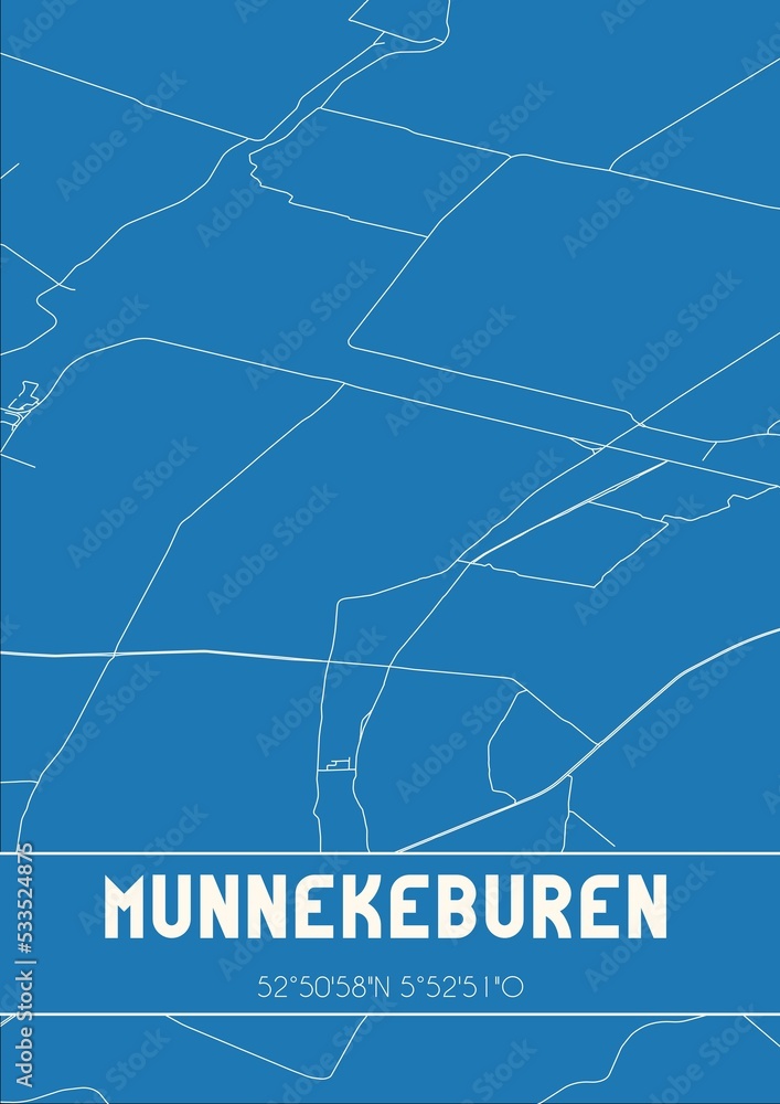 Blueprint of the map of Munnekeburen located in Fryslan the Netherlands.