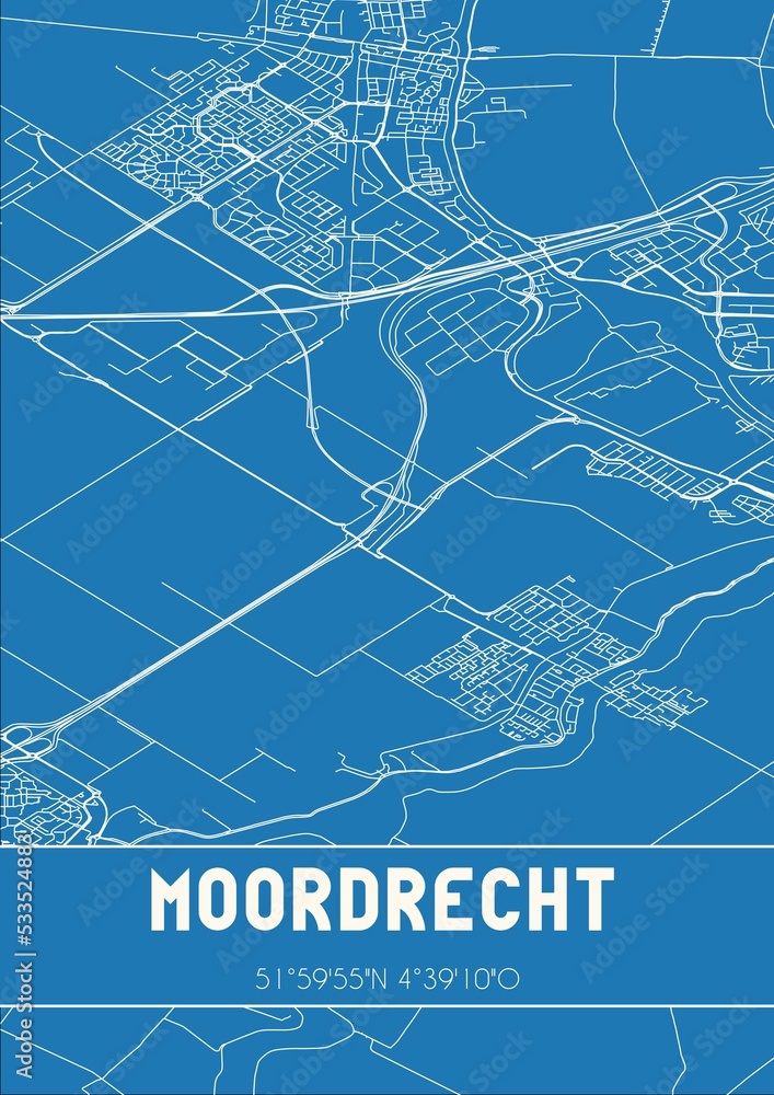 Blueprint of the map of Moordrecht located in Zuid-Holland the Netherlands.