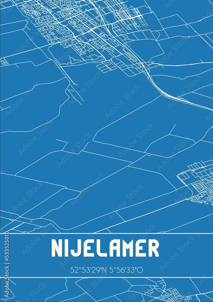 Blueprint of the map of Nijelamer located in Fryslan the Netherlands.