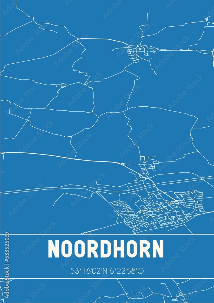 Blueprint of the map of Noordhorn located in Groningen the Netherlands.