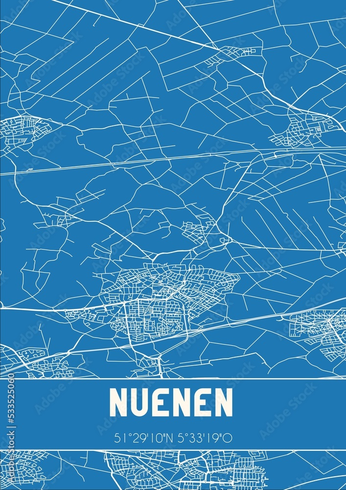 Blueprint of the map of Nuenen located in Noord-Brabant the Netherlands.
