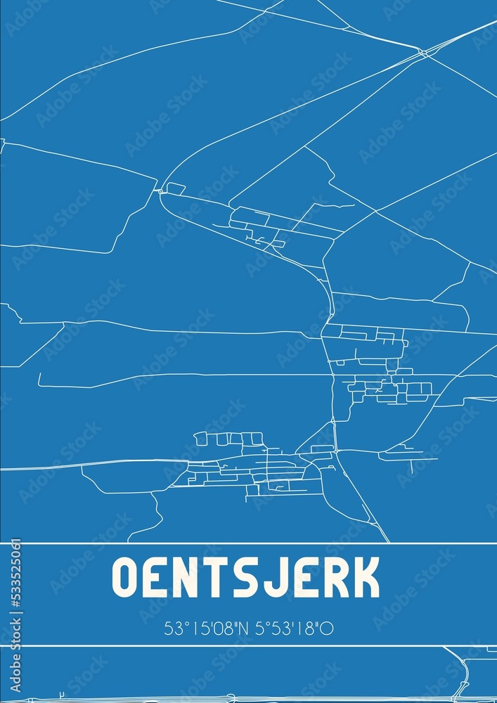 Blueprint of the map of Oentsjerk located in Fryslan the Netherlands.