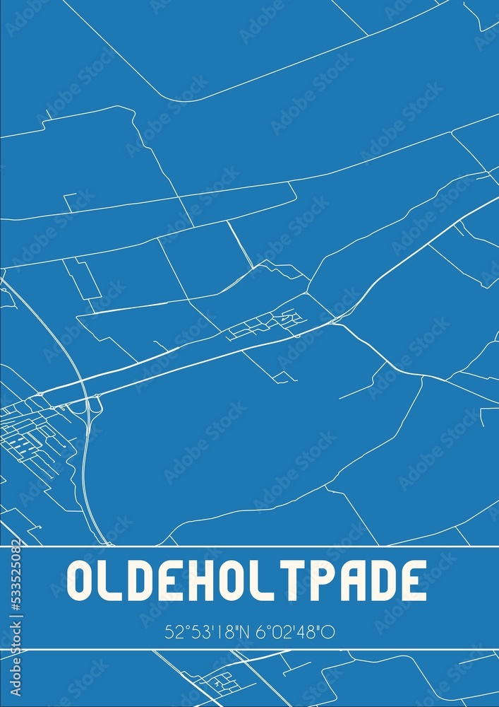 Blueprint of the map of Oldeholtpade located in Fryslan the Netherlands.