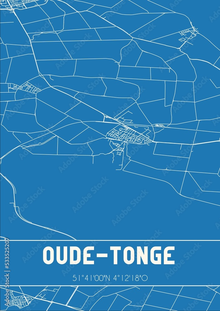 Blueprint of the map of Oude-Tonge located in Zuid-Holland the Netherlands.