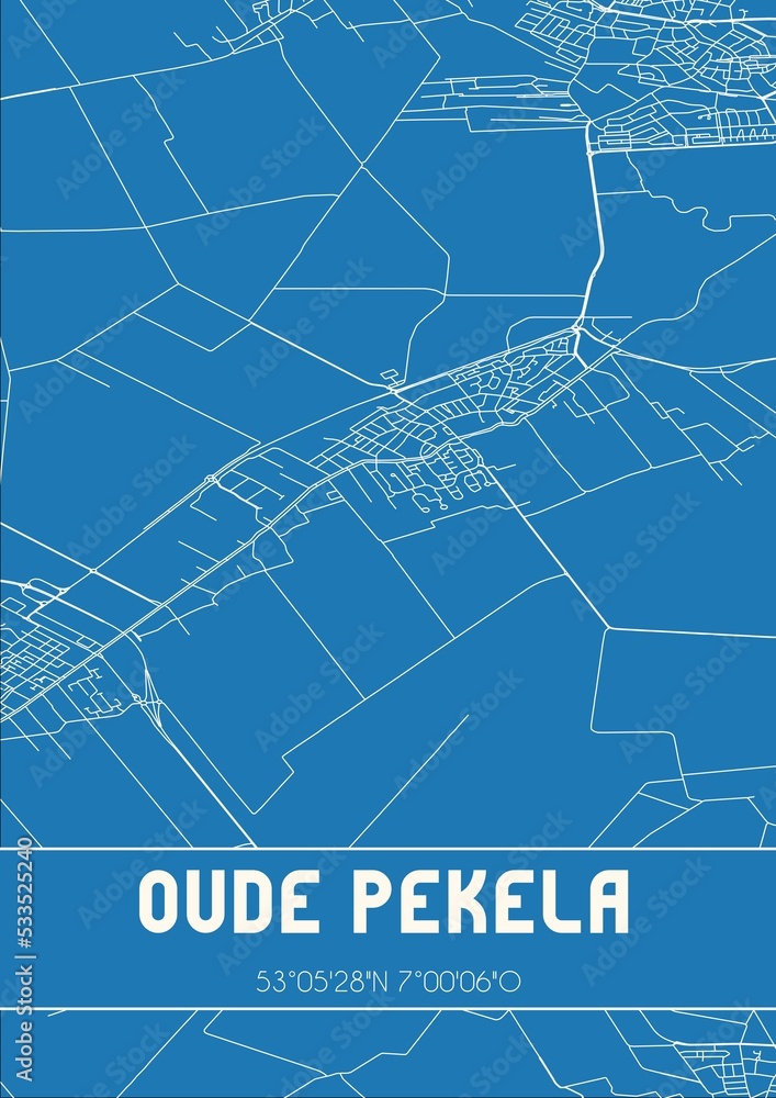 Blueprint of the map of Oude Pekela located in Groningen the Netherlands.