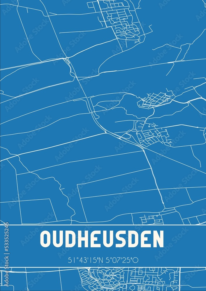 Blueprint of the map of Oudheusden located in Noord-Brabant the Netherlands.