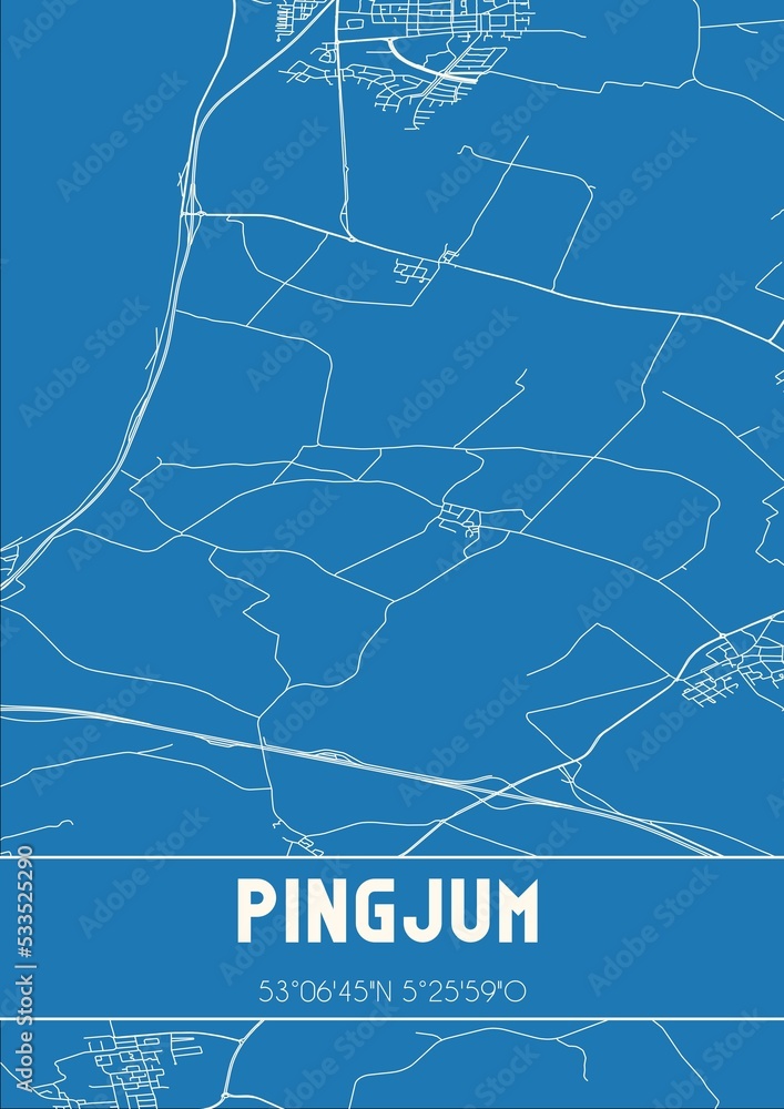Blueprint of the map of Pingjum located in Fryslan the Netherlands.