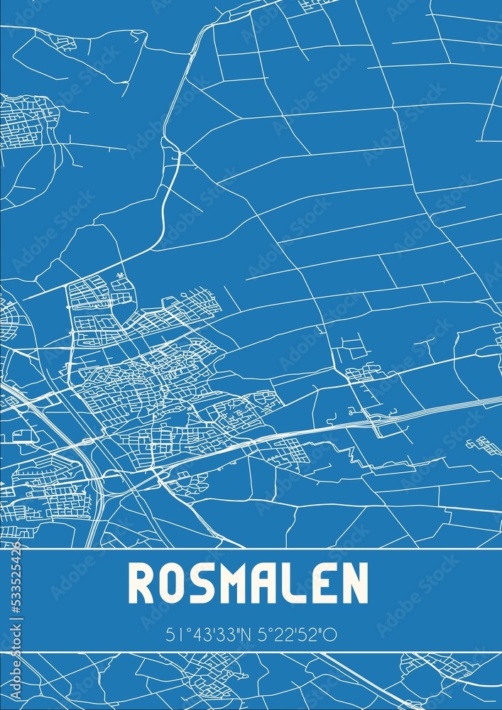 Blueprint of the map of Rosmalen located in Noord-Brabant the Netherlands.