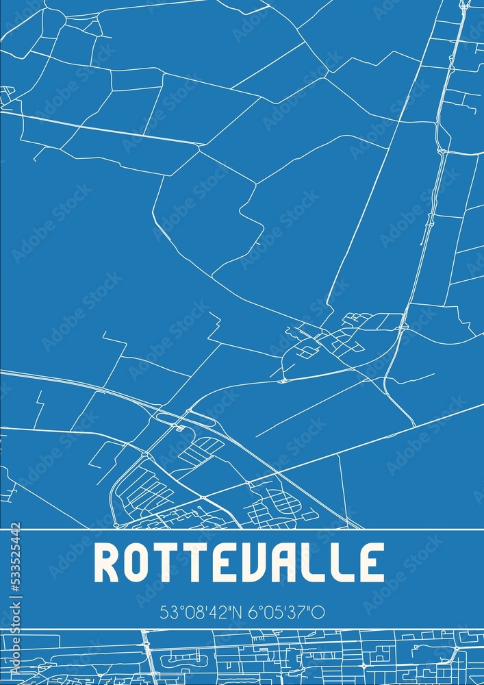 Blueprint of the map of Rottevalle located in Fryslan the Netherlands.