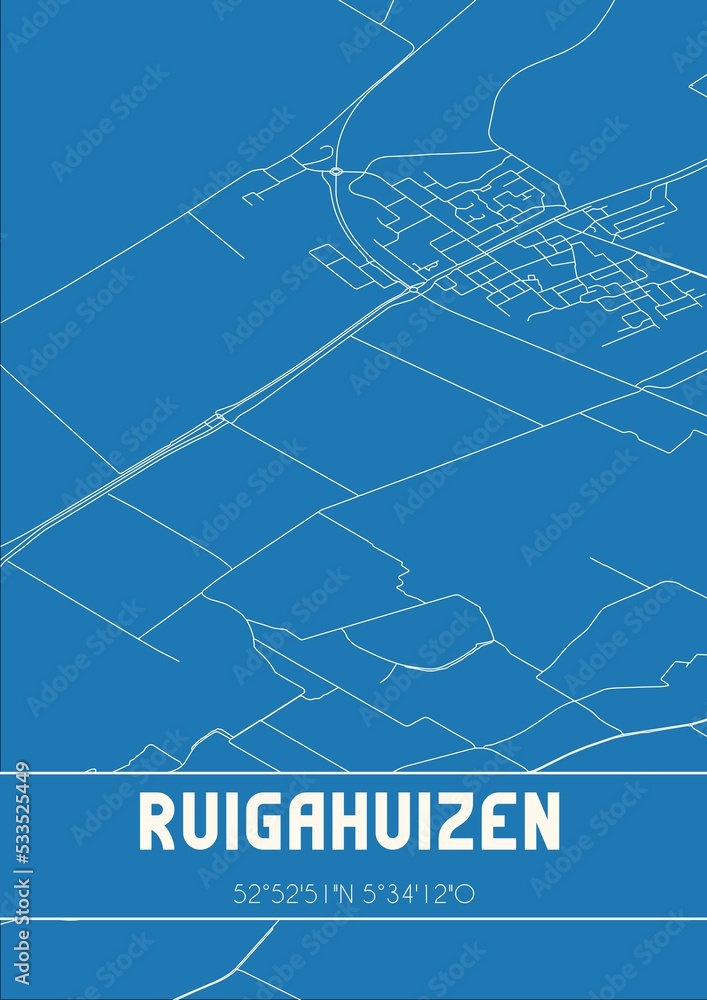 Blueprint of the map of Ruigahuizen located in Fryslan the Netherlands.