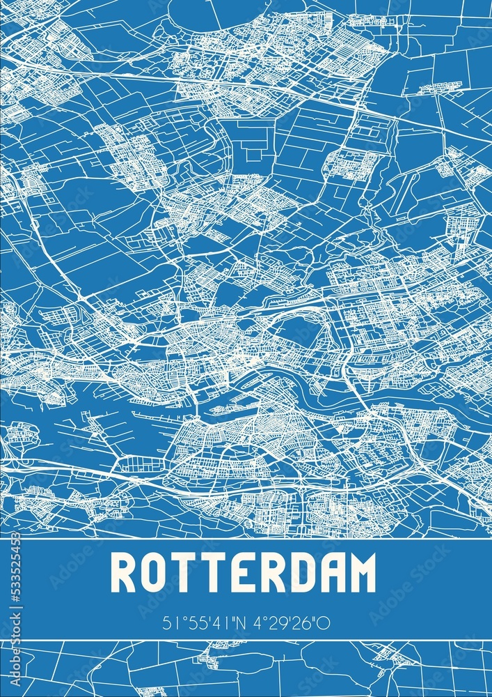 Blueprint of the map of Rotterdam located in Zuid-Holland the Netherlands.