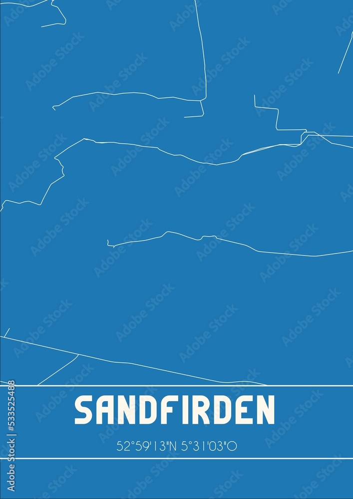 Blueprint of the map of Sandfirden located in Fryslan the Netherlands.