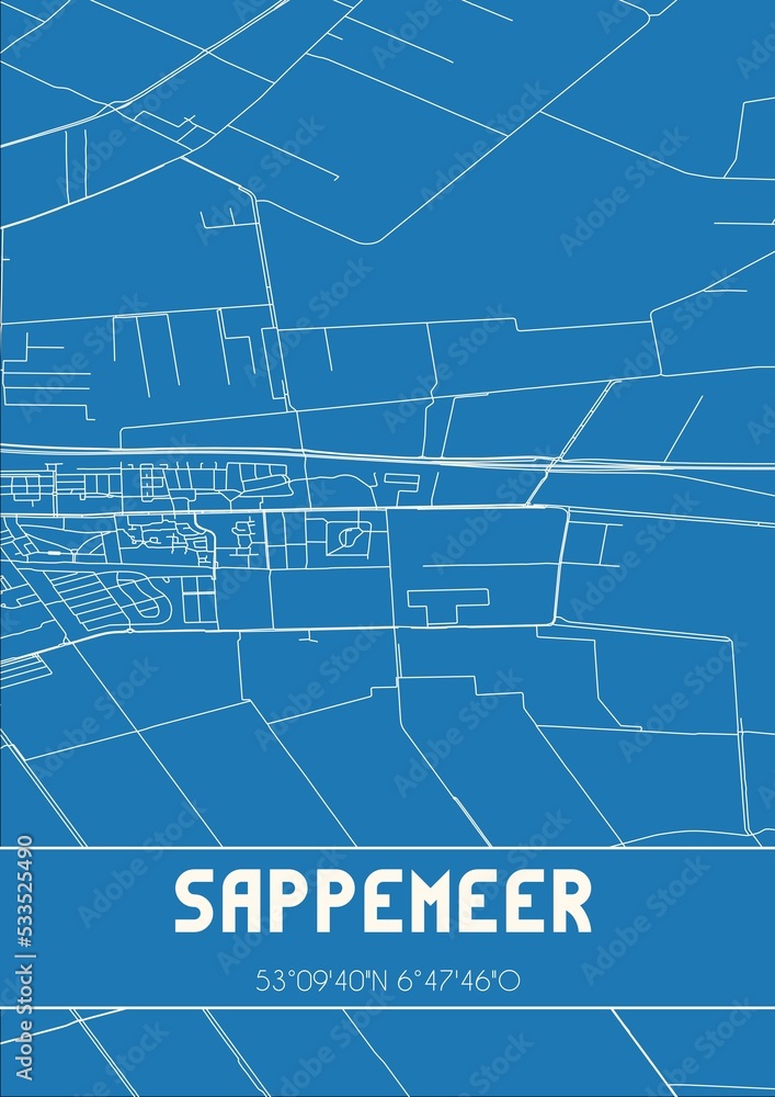 Blueprint of the map of Sappemeer located in Groningen the Netherlands.