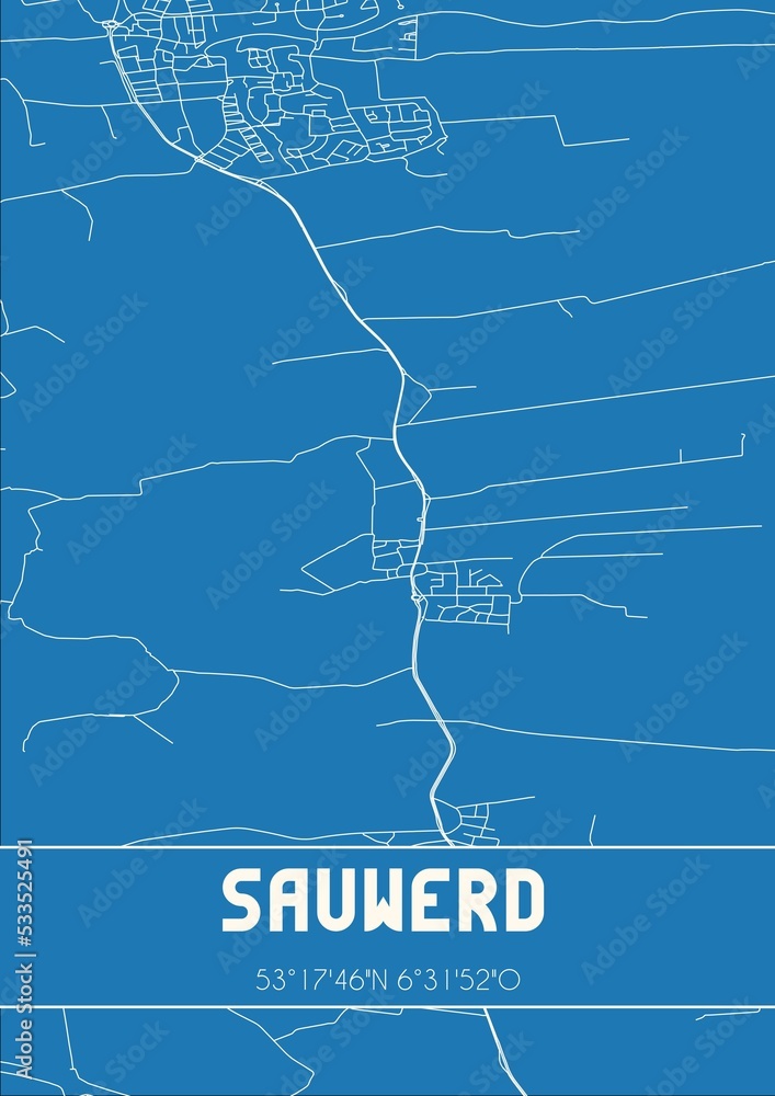 Blueprint of the map of Sauwerd located in Groningen the Netherlands.