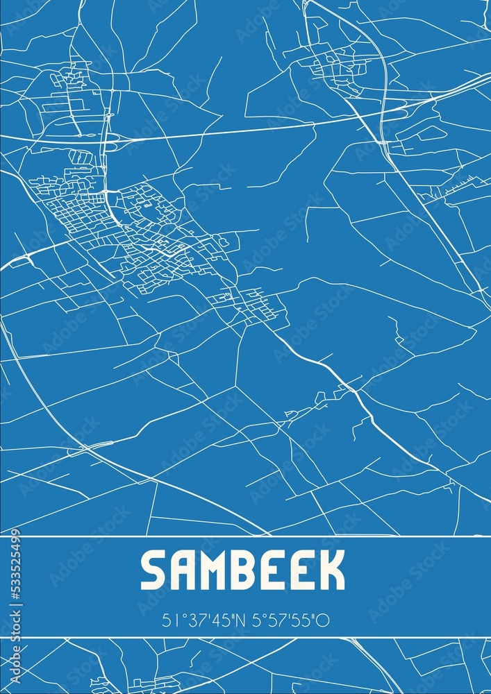 Blueprint of the map of Sambeek located in Noord-Brabant the Netherlands.