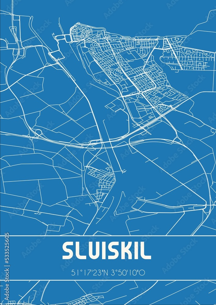 Blueprint of the map of Sluiskil located in Zeeland the Netherlands.