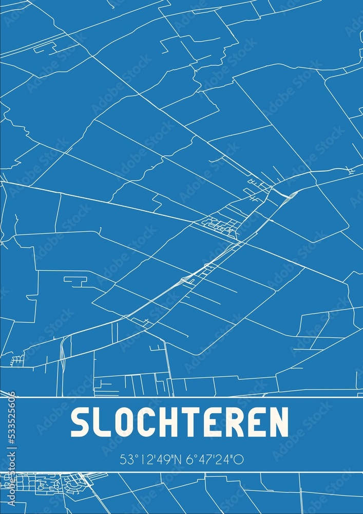 Blueprint of the map of Slochteren located in Groningen the Netherlands.