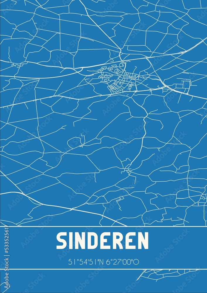 Blueprint of the map of Sinderen located in Gelderland the Netherlands.