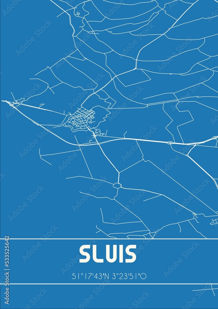 Blueprint of the map of Sluis located in Zeeland the Netherlands.